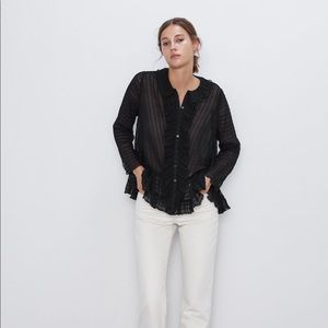 Zara Black Ruffled Textured Weave Blouse NWT